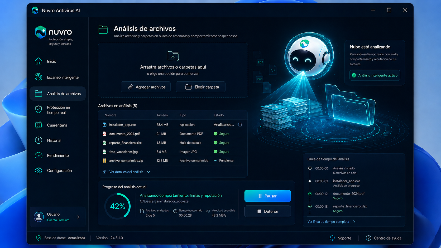 Interfaz de Nuvro Antivirus con un análisis del sistema en curso